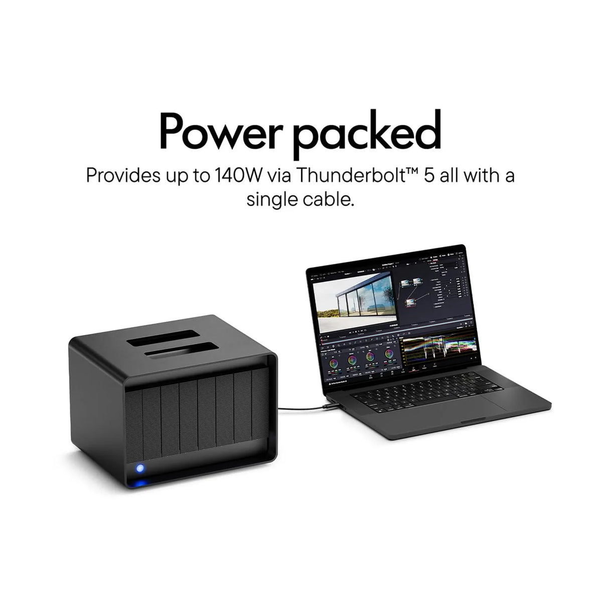 Black 8-bay RAID storage unit with blue power light and top handle