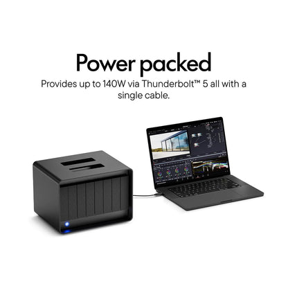 Black 8-bay RAID storage unit with blue power light and top handle