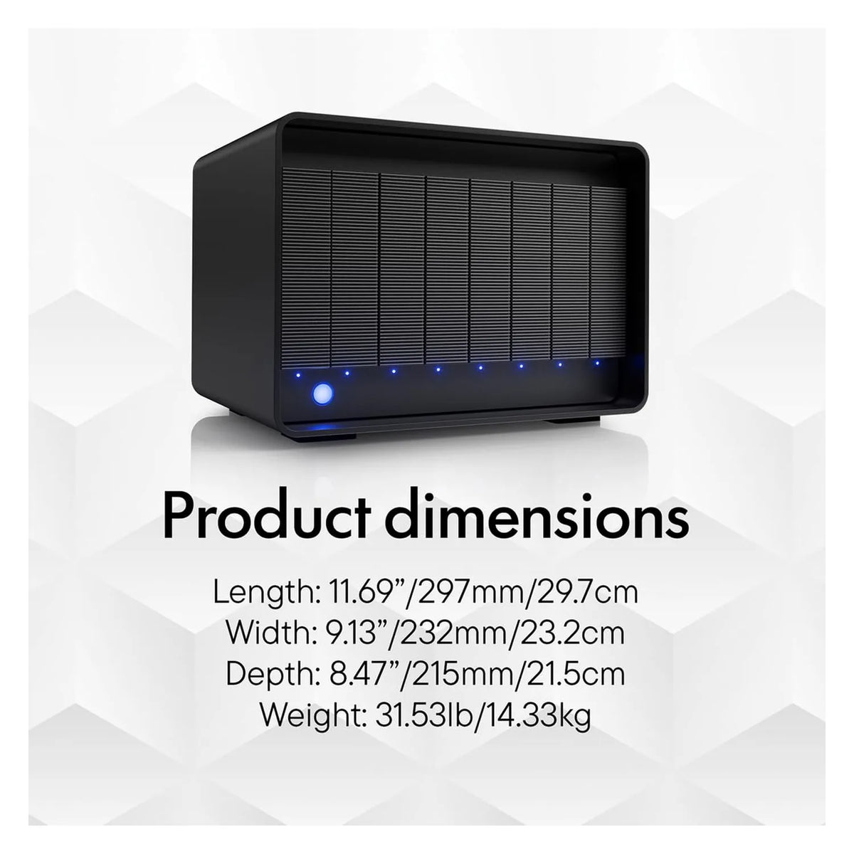 Black 8-bay RAID storage enclosure with blue LED front lights and vented grille