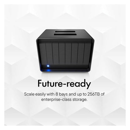 Top view of black 8-bay RAID storage enclosure with blue front LED glow
