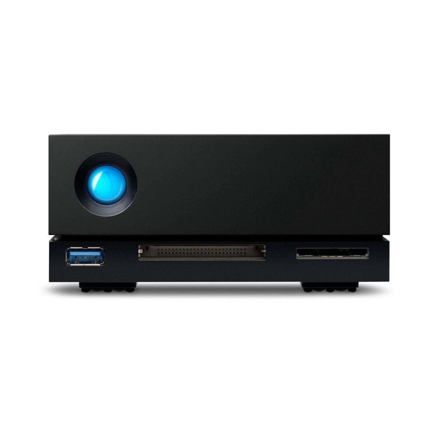 LaCie 10TB 1big Dock: Vorderseite mit blauem Power-Button und USB/Video-Ports