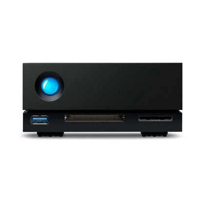 LaCie 10TB 1big Dock: Vorderseite mit blauem Power-Button und USB/Video-Ports