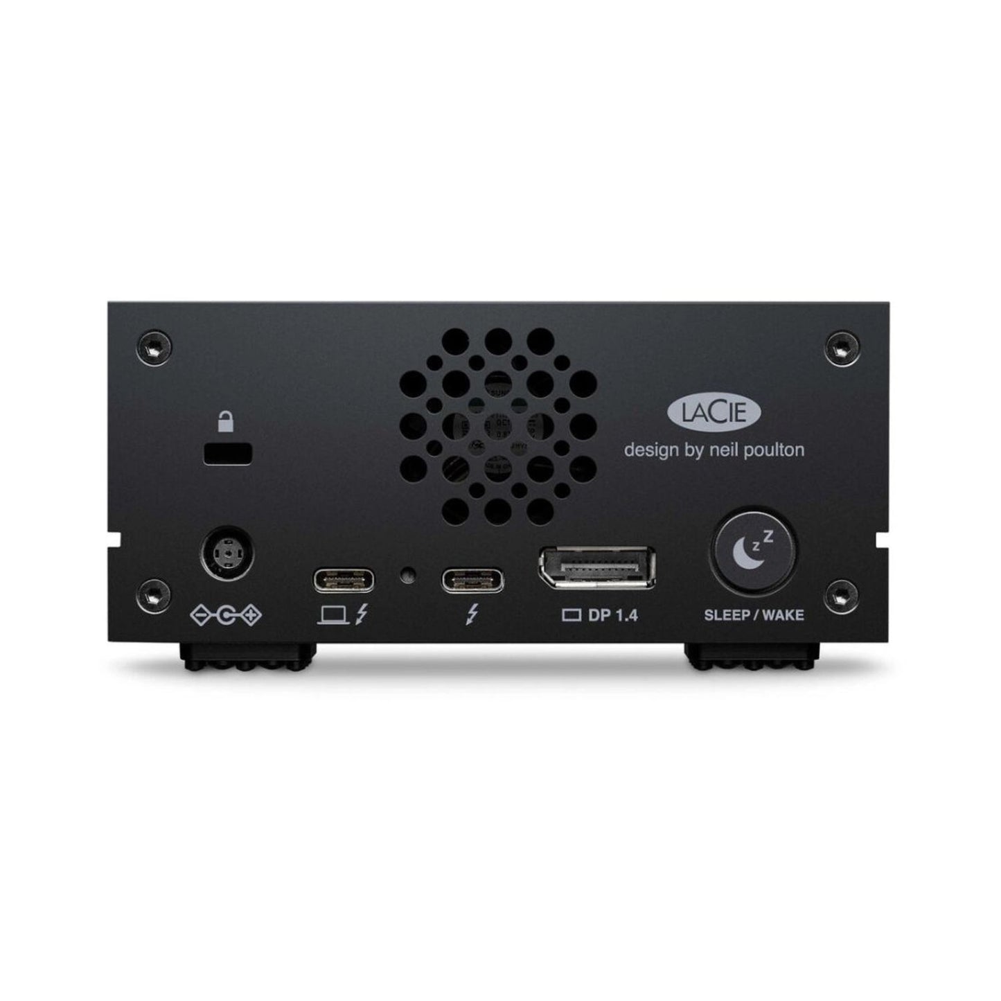 10TB 1big Dock Rückseite mit Lüftung, Video-/Audio-Symbolen und Sleep/Wake-Taste