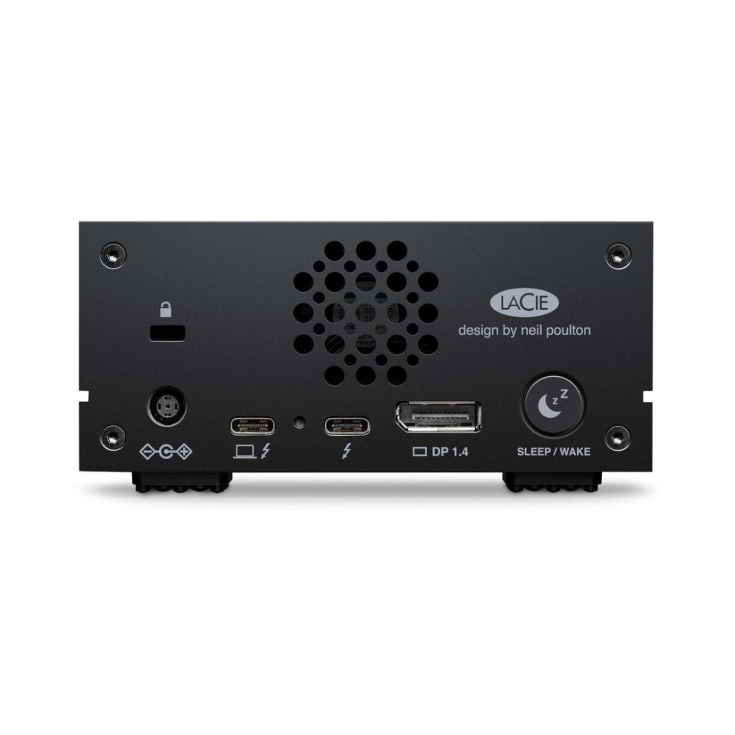 10TB 1big Dock Rückseite mit Lüftung, Video-/Audio-Symbolen und Sleep/Wake-Taste