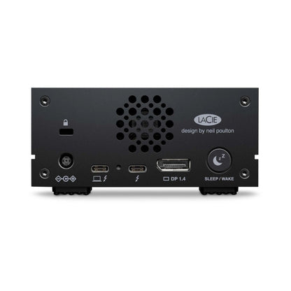 10TB 1big Dock Rückseite mit Lüftung, Video-/Audio-Symbolen und Sleep/Wake-Taste