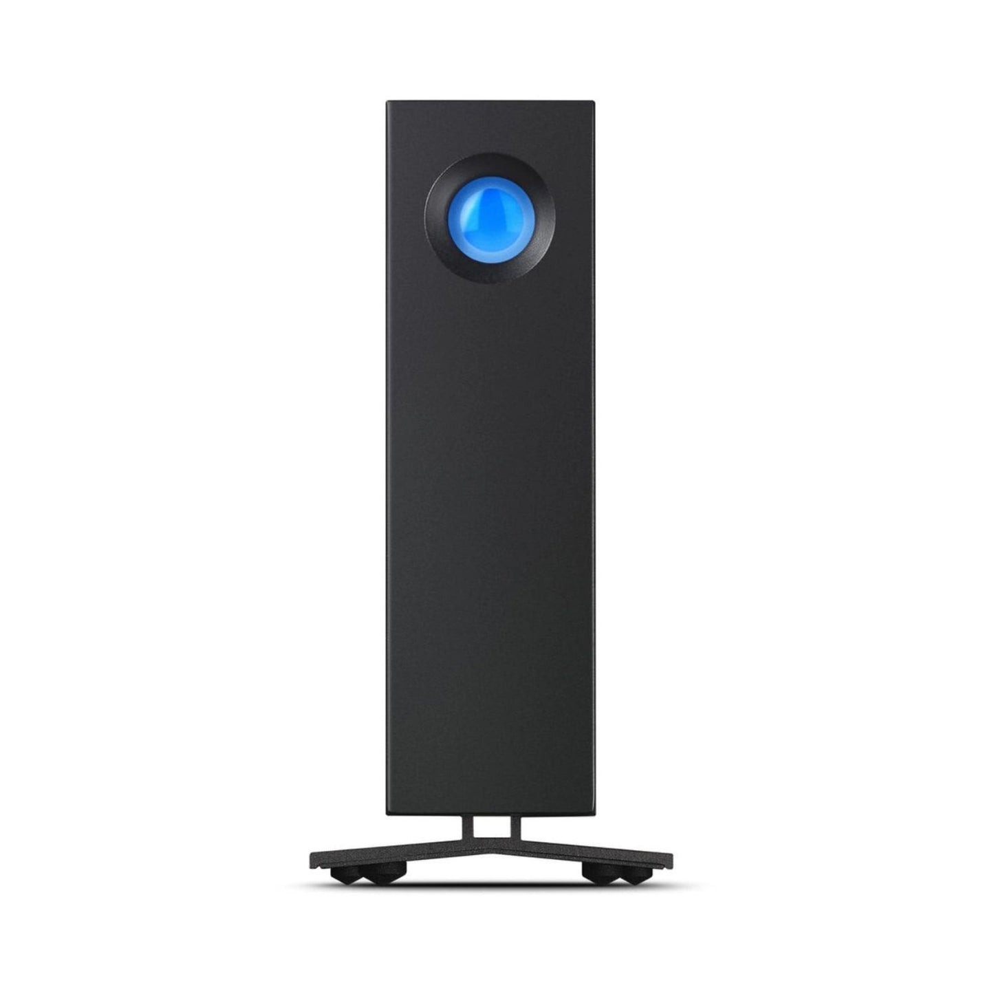 Externe 10TB Festplatte im Stehfuß, schwarzes Gehäuse mit blauem LED-Licht