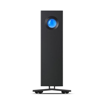 Externe 10TB Festplatte im Stehfuß, schwarzes Gehäuse mit blauem LED-Licht