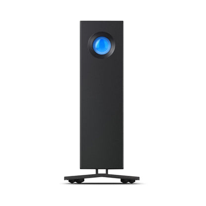Externe 10TB Festplatte im Stehfuß, schwarzes Gehäuse mit blauem LED-Licht