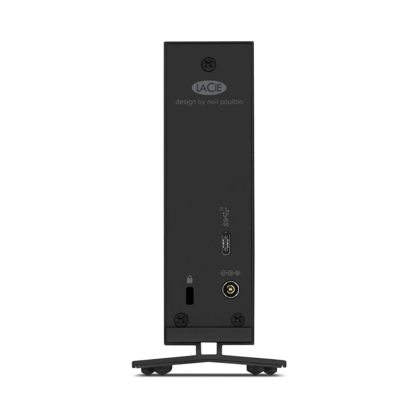 Rückseite der externen 10TB Festplatte mit USB‑C‑Port und Anschlüssen, schwarz