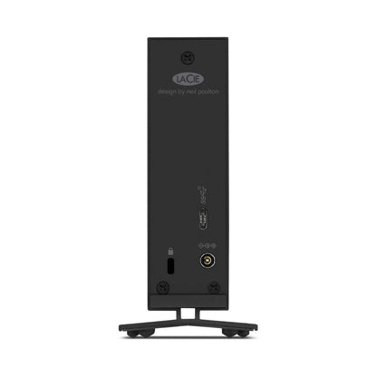 Rückseite der externen 10TB Festplatte mit USB‑C‑Port und Anschlüssen, schwarz