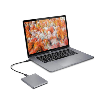 Mobile Drive portable hard drive with cable, silver-gray rectangular design