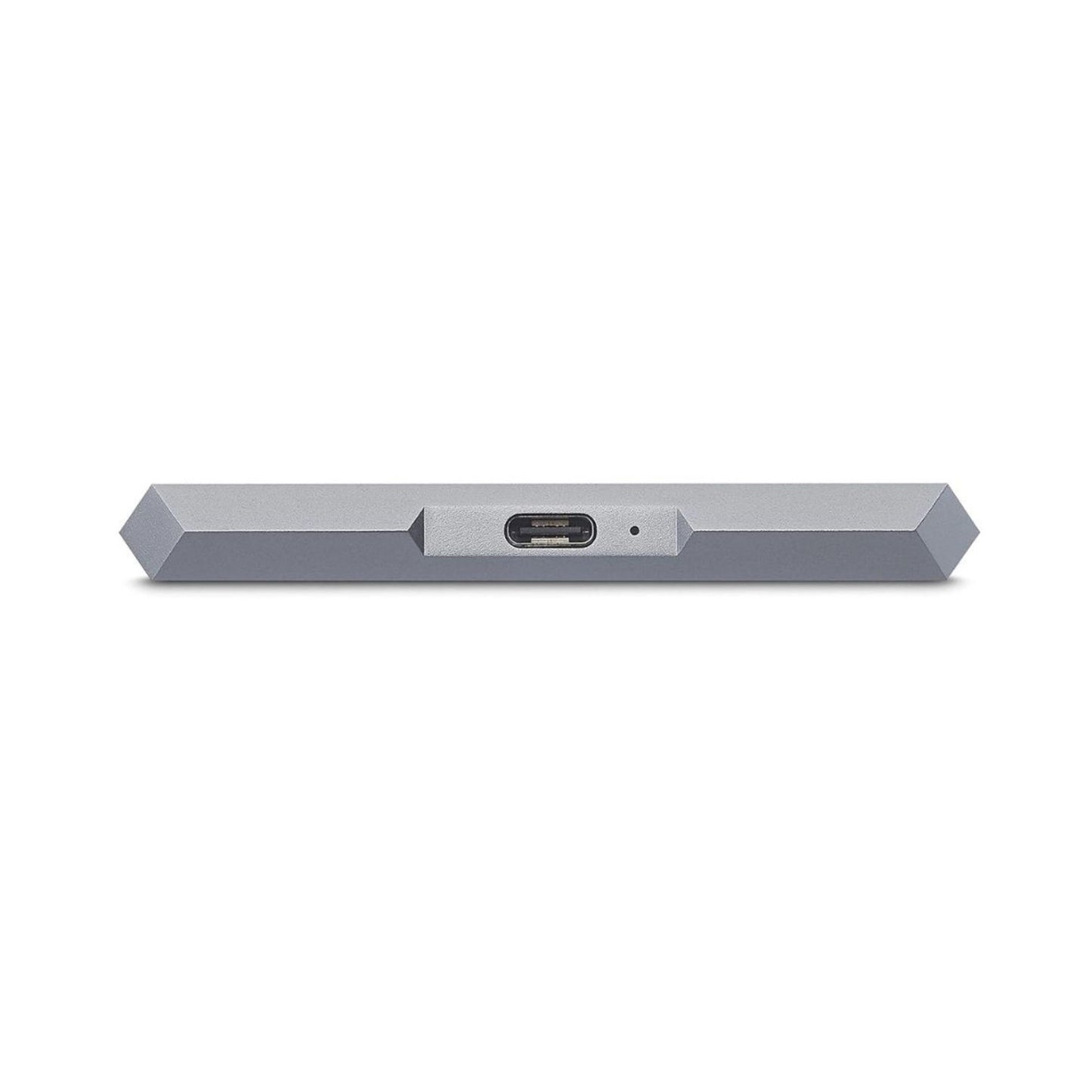 Mobile Drive side view showing USB-C port on silver-gray external hard drive
