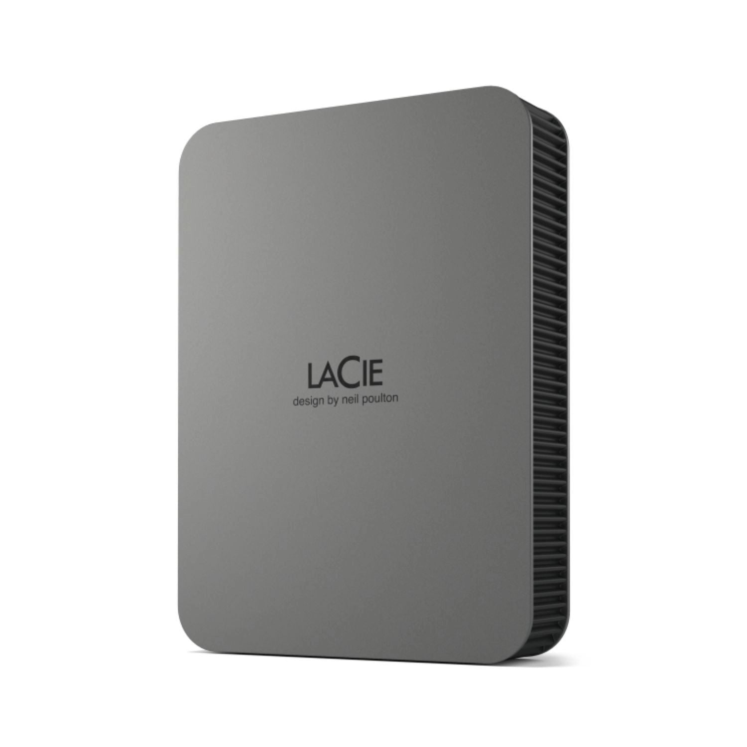 Dark gray portable external drive with vented side and rounded edges.
