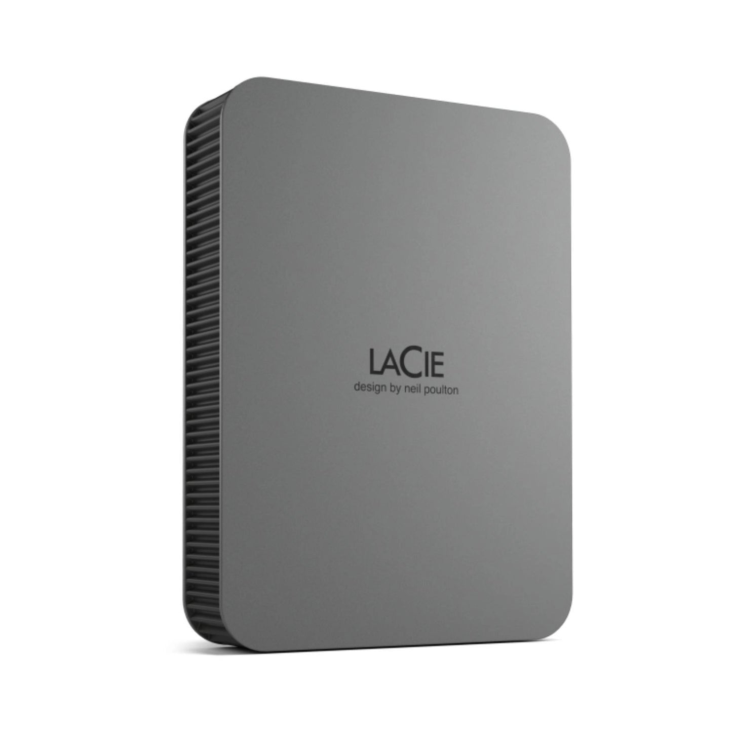 Dark gray portable external drive, angled view with vented ribbed side.