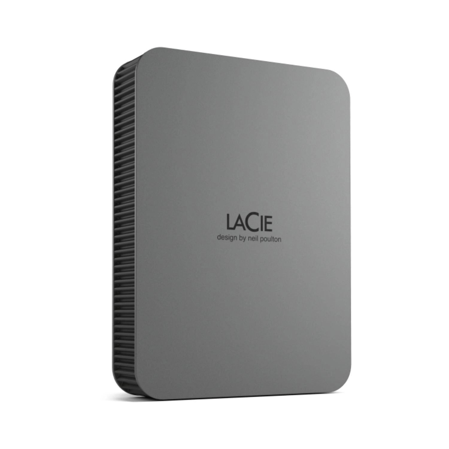 Dark gray portable external drive, angled view with vented ribbed side.