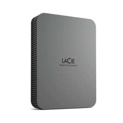 Dark gray portable external drive, angled view with vented ribbed side.