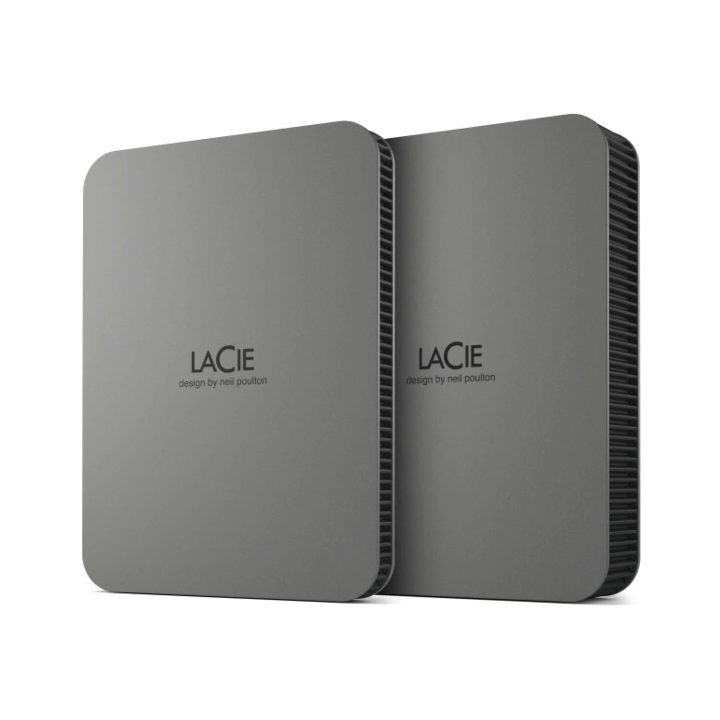Two dark gray portable external drives side by side, vented sides visible.