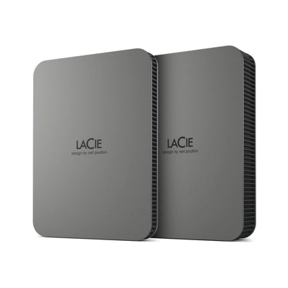 Two dark gray portable external drives side by side, vented sides visible.
