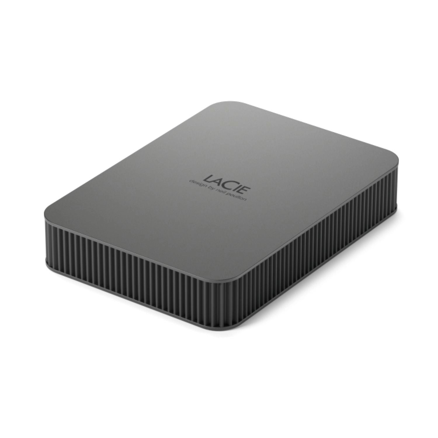 Dark gray portable external drive with ribbed base and rounded top.
