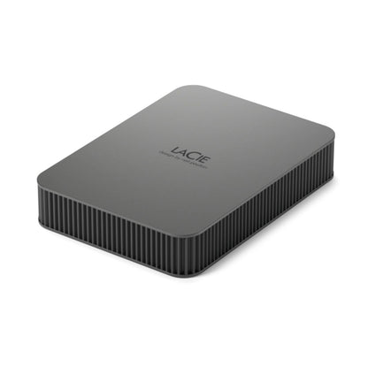 Dark gray portable external drive with ribbed base and rounded top.