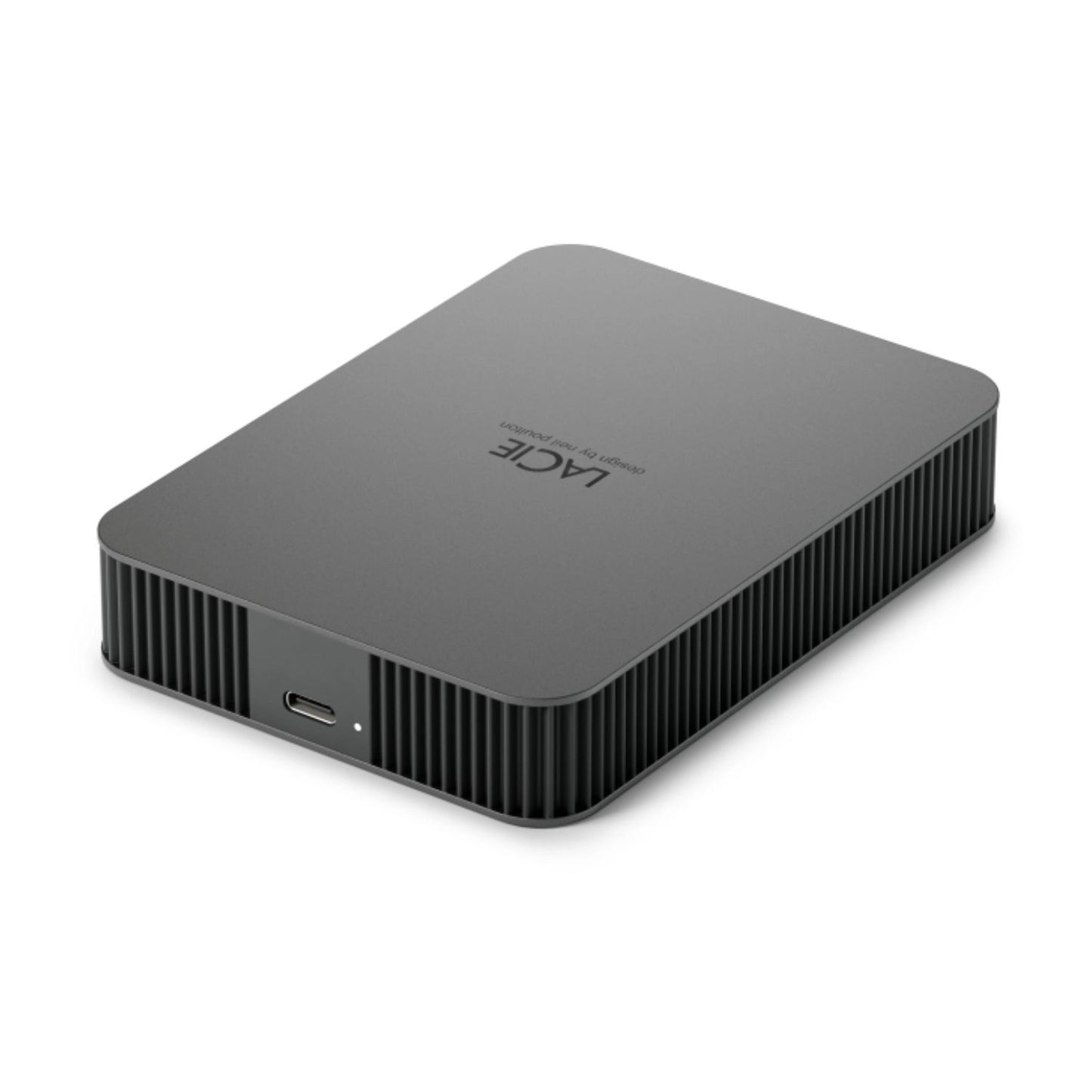 Dark gray portable external drive with front USB-C port and ribbed venting.