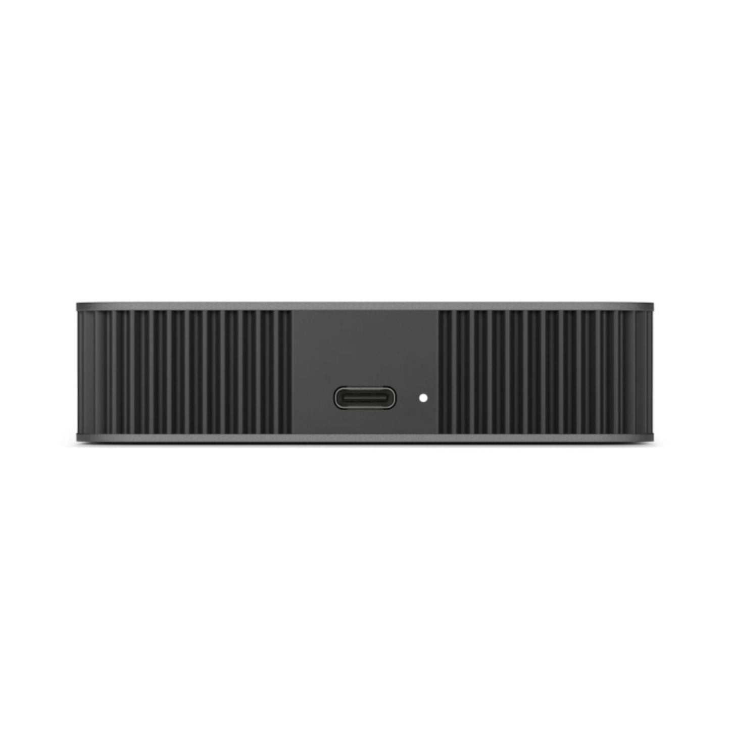Side view of dark gray portable external drive with USB-C port and LED dot.