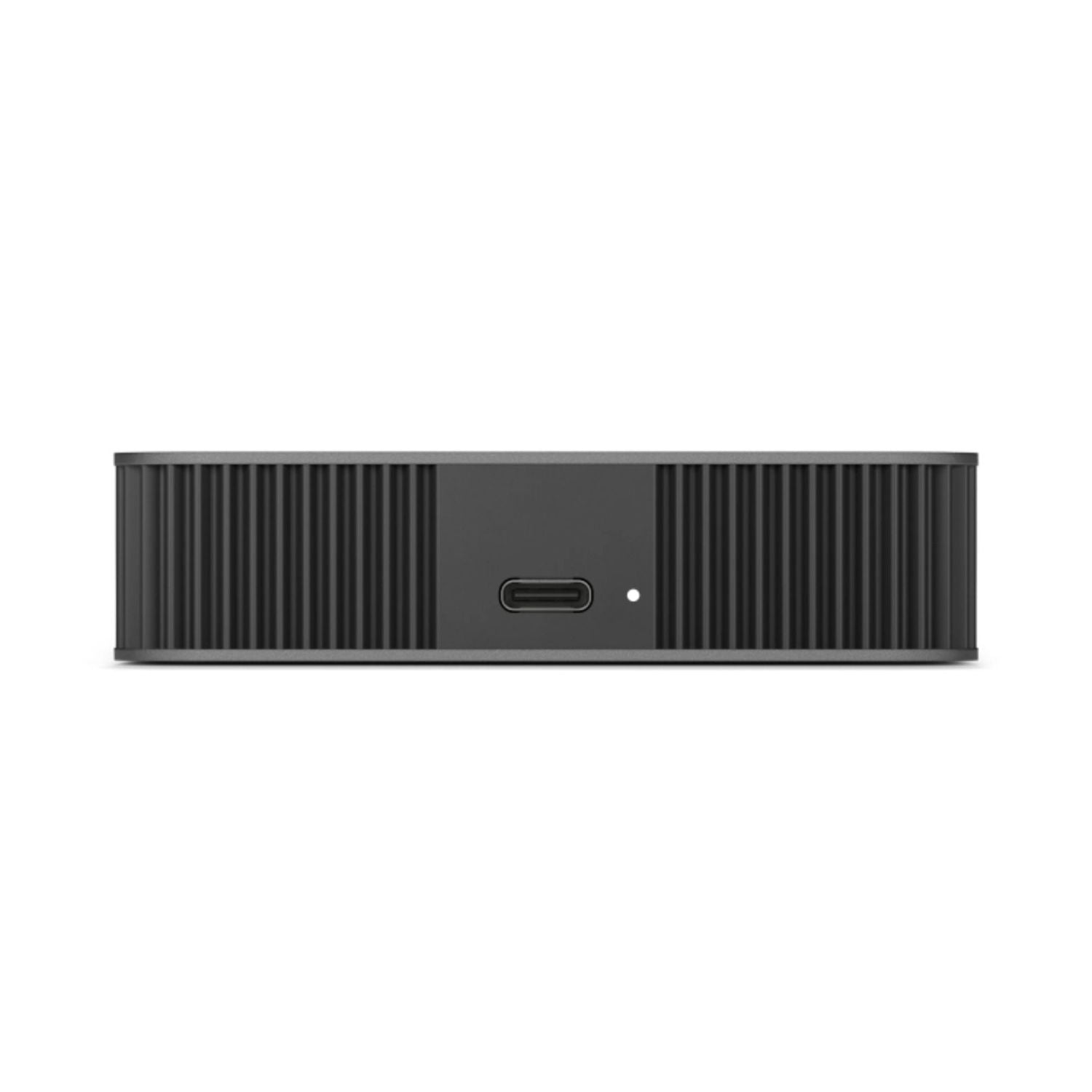 Side view of dark gray portable external drive with USB-C port and LED dot.