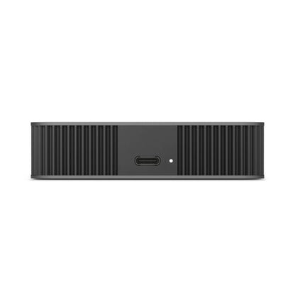 Side view of dark gray portable external drive with USB-C port and LED dot.