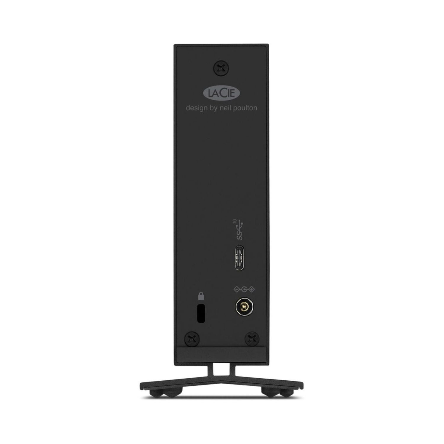 Side ports on black external hard drive with USB‑C and power input