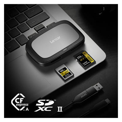 Black Lexar card reader with CFexpress and SD cards beside it