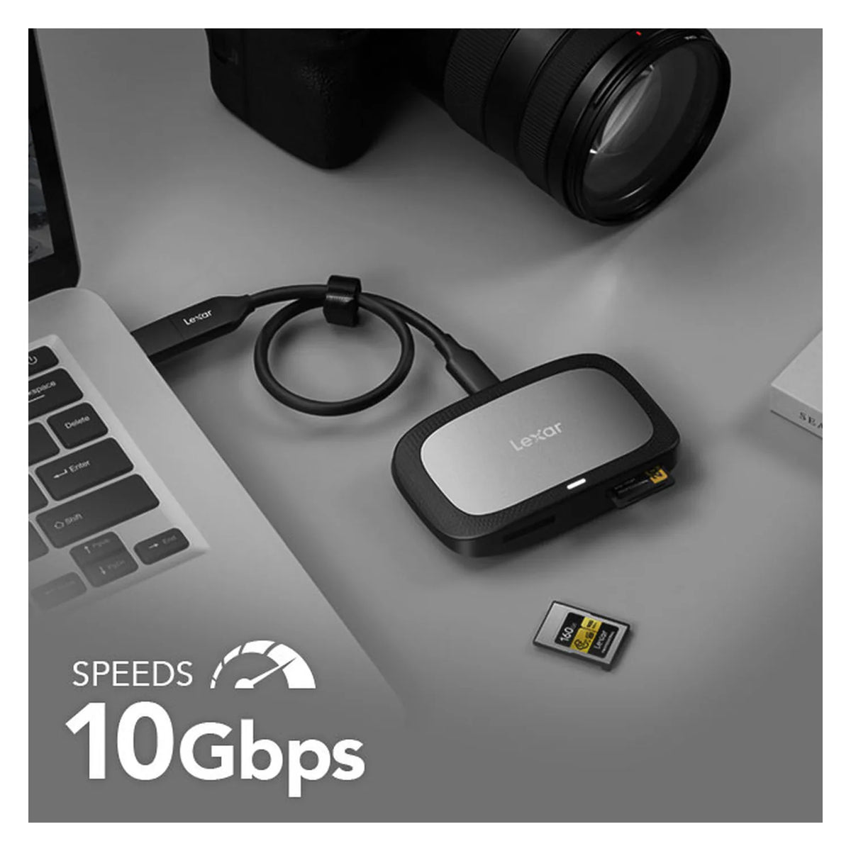 Black Lexar card reader with USB cable and CFexpress/SD cards nearby