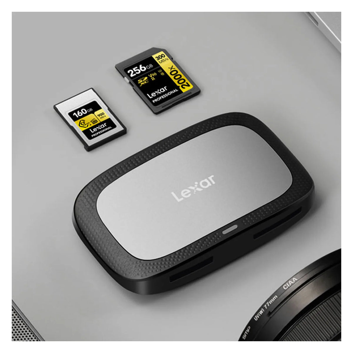 Black Lexar card reader shown with CFexpress and SD cards