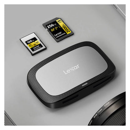 Black Lexar card reader shown with CFexpress and SD cards