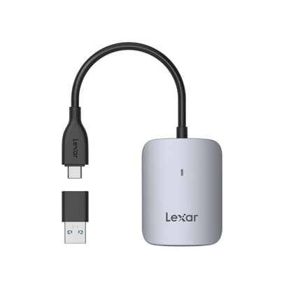 Lexar CFexpress Type A USB-C card reader with attached USB-C cable, light gray body.