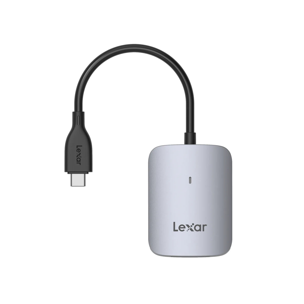 Lexar CFexpress Type A USB-C reader, light gray cube with USB-C cable.