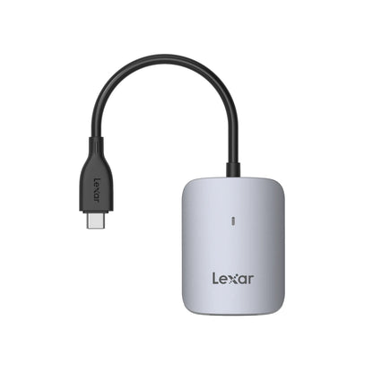 Lexar CFexpress Type A USB-C reader, light gray cube with USB-C cable.