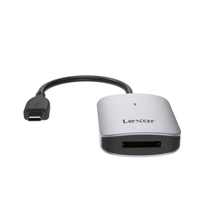 Lexar CFexpress Type A USB-C reader with visible card slot, light gray housing.