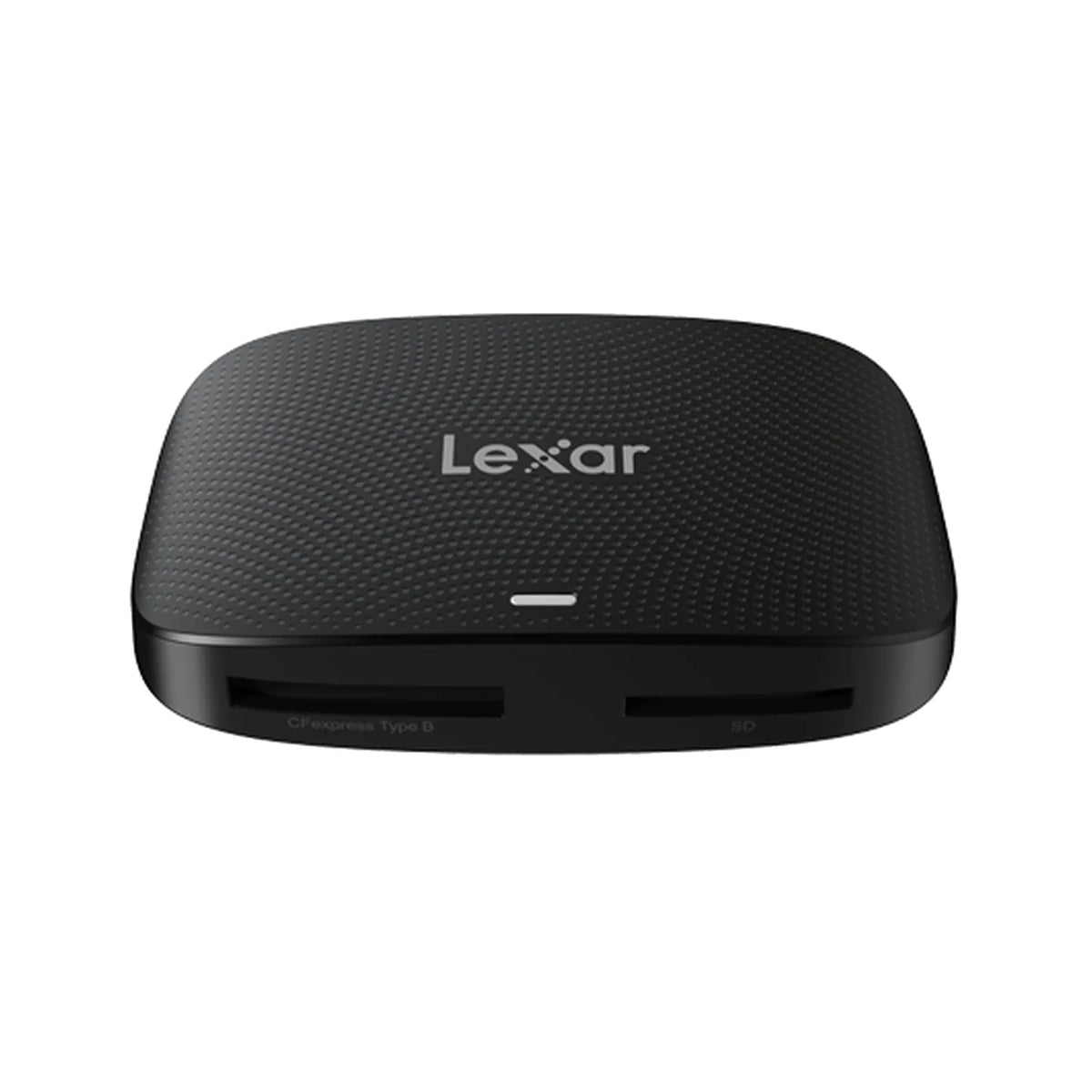 Black Lexar CFexpress Type B and SD card reader with side ports and textured shell