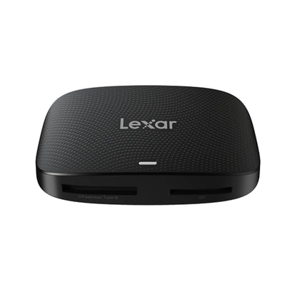 Black Lexar CFexpress Type B and SD card reader with side ports and textured shell