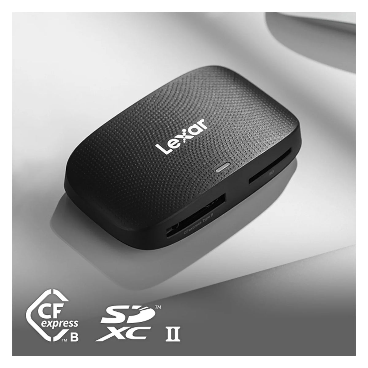 Black Lexar CFexpress Type B and SD card reader with CFexpress and SDXC II logos