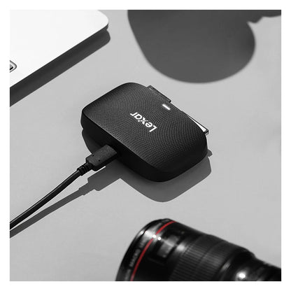 Black CFexpress Type B and SD card reader with connected cable; side ports visible