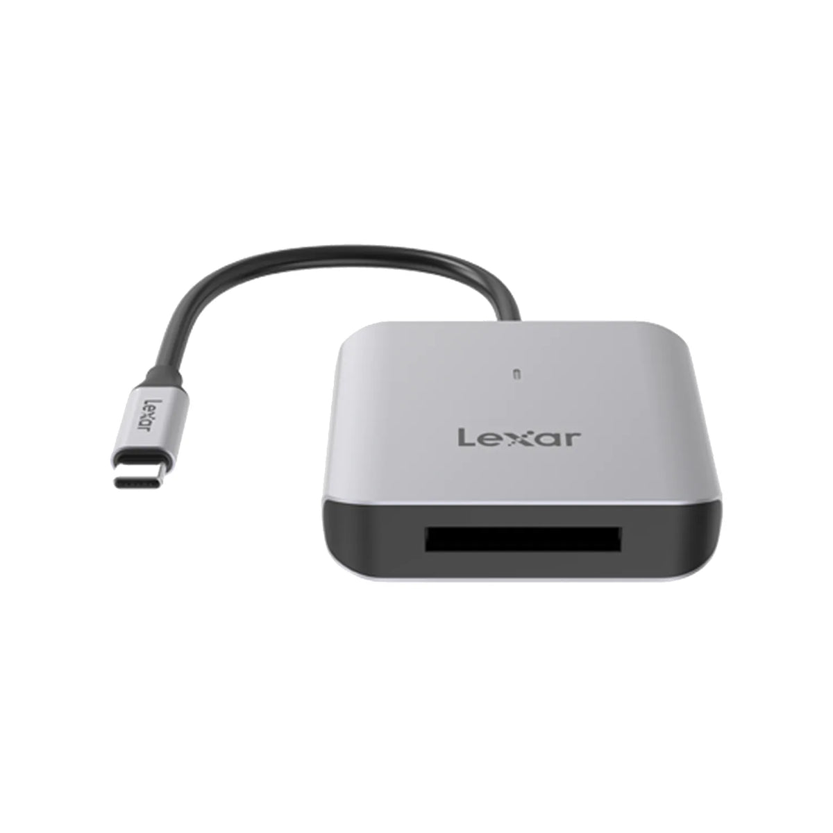 USB-C CFexpress card reader with front slot, silver-gray top and black base