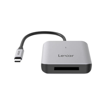 USB-C CFexpress card reader with front slot, silver-gray top and black base
