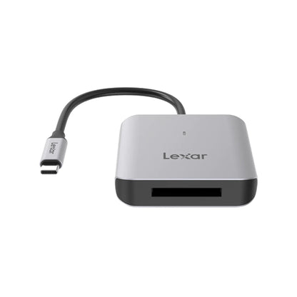 USB-C CFexpress card reader with front slot, silver-gray top and black base
