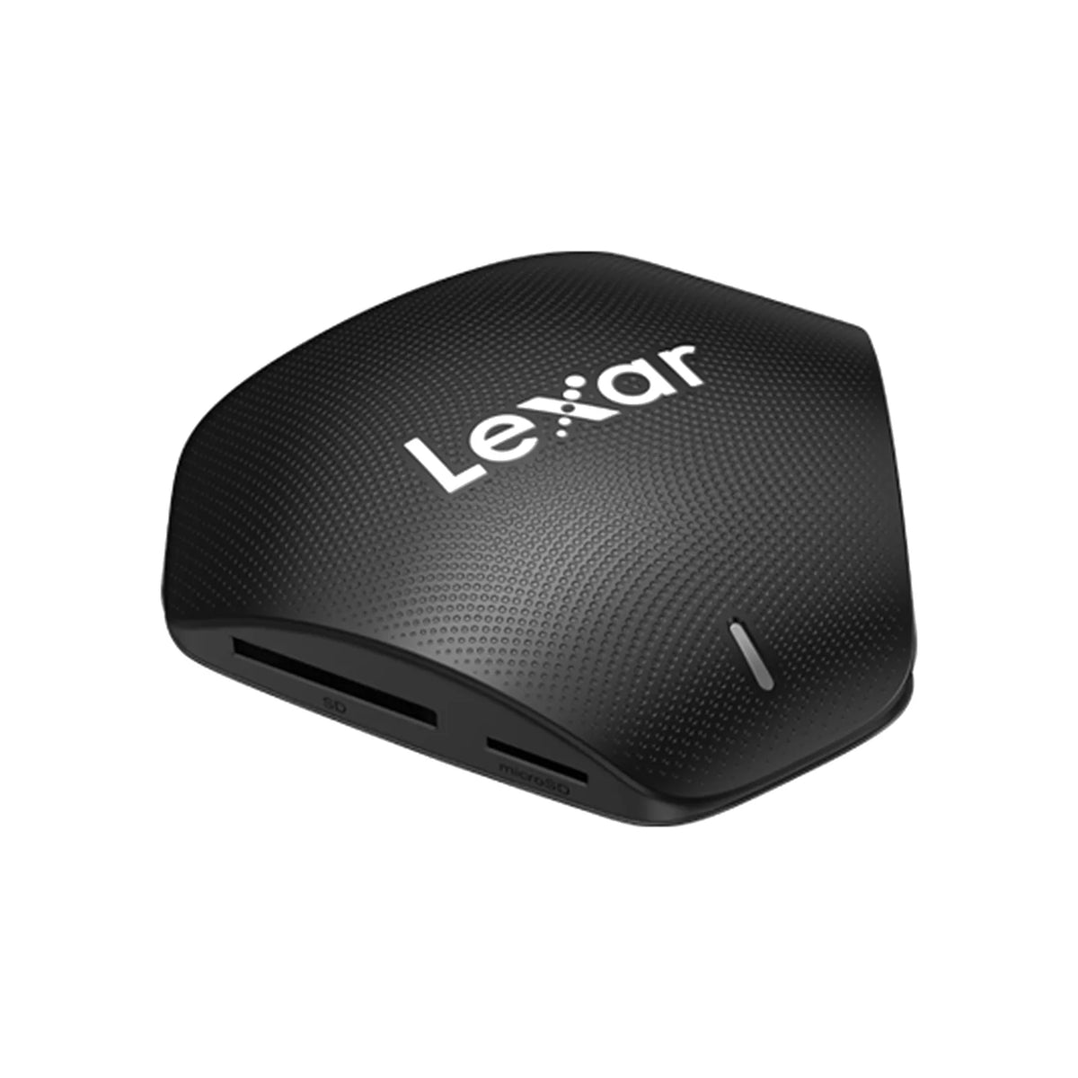 Black Lexar USB card reader with side ports and LeXar logo on curved top