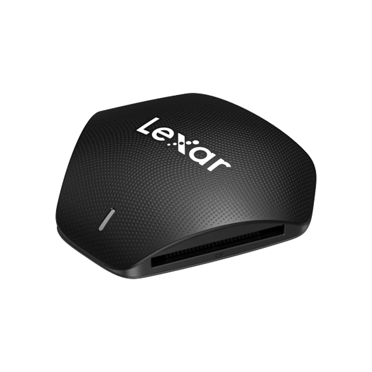 Black Lexar card reader showing front edge, side port, and LeXar logo