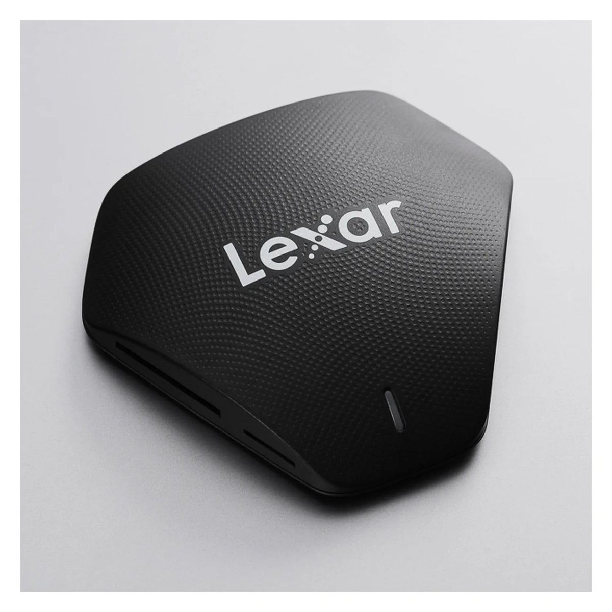 Black Lexar multi-card USB reader with LeXar logo and textured top