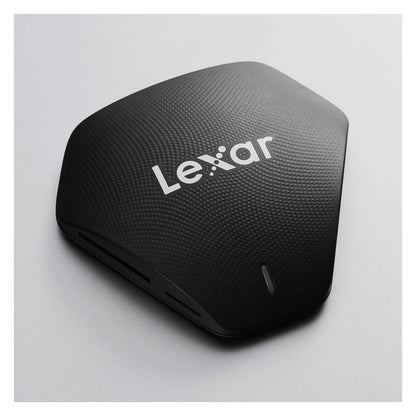 Black Lexar multi-card USB reader with LeXar logo and textured top