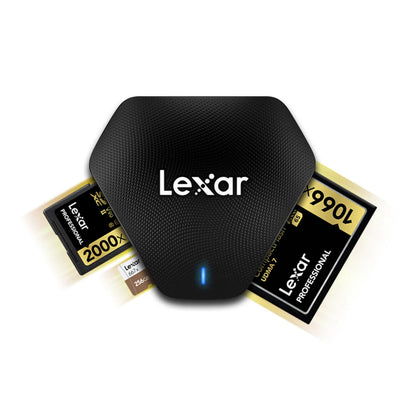 Black Lexar card reader with LeXar logo and several memory cards attached