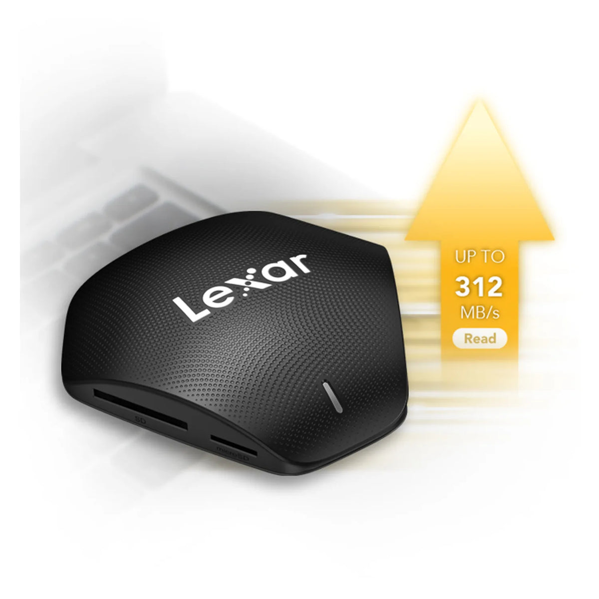 Black Lexar multi-card USB reader with side ports and illuminated blue LED